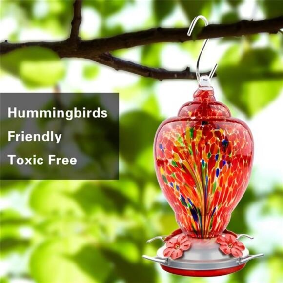 Hummingbird Feeder for Outdoors Patio Large 32 Ounces Colorful Hand Blown Glass - Picture 3 of 8